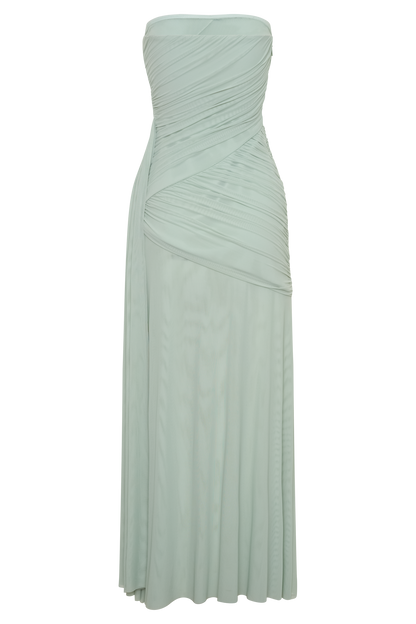Monet Strapless Ruched Mesh Maxi Dress - Aqua Grey
