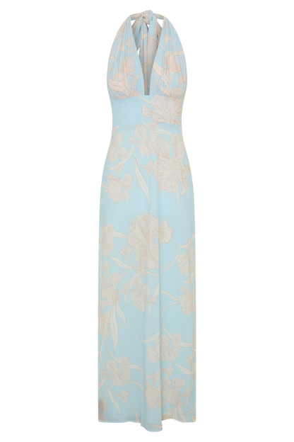 Nadine Halter Scarf Chiffon Maxi Dress - Blue Floral Print