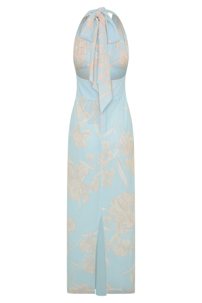 Nadine Halter Scarf Chiffon Maxi Dress - Blue Floral Print
