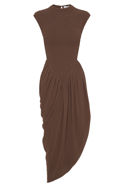 Nola Shirred Asymmetric Midi Dress - Mocha