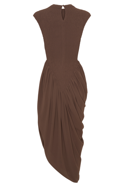 Nola Shirred Asymmetric Midi Dress - Mocha