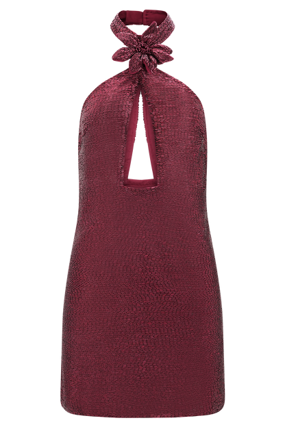 Nylah Beaded Halter Mini Dress - Burgundy