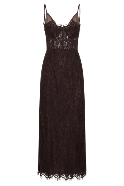 Ottilie Lace And Mesh Midi Dress - Dark Chocolate