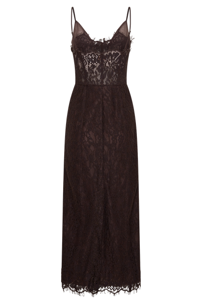 Ottilie Lace And Mesh Midi Dress - Dark Chocolate