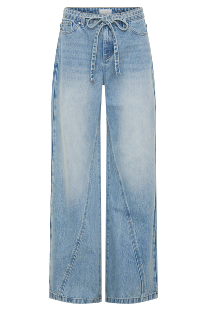 Perrie Mid Rise Straight Leg Tie Jeans - Washed Light Blue