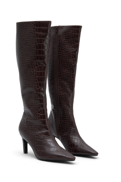 Sarah Faux Leather Crocodile Boot - Chocolate