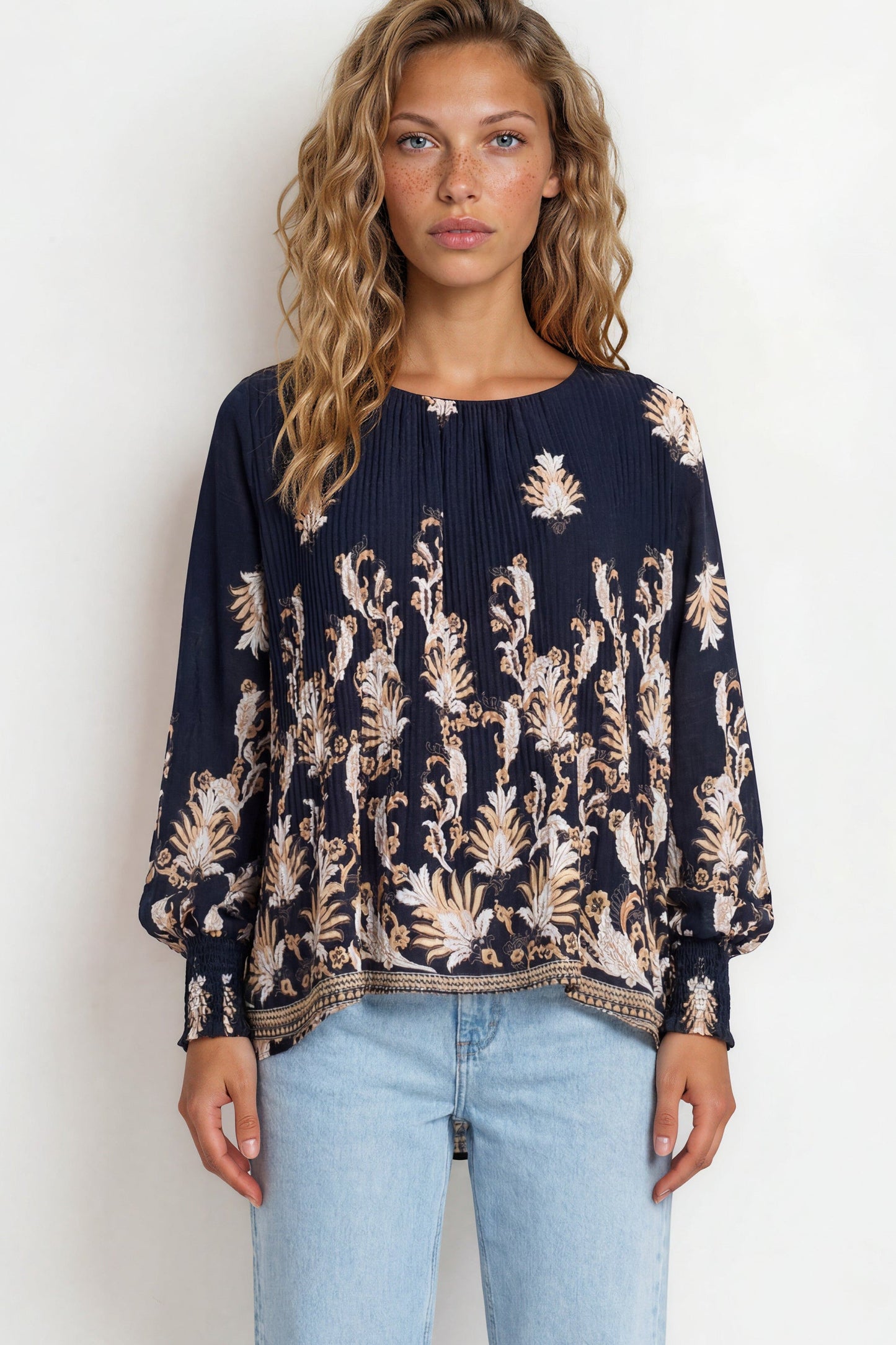 Gelina Top - Crew Neck Pleated High Low Pull Over with Balloon Sleeves in Lynsey Print Navy