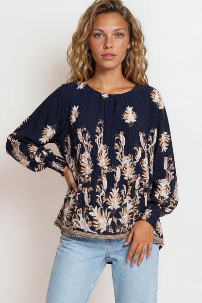 Gelina Top - Crew Neck Pleated High Low Pull Over with Balloon Sleeves in Lynsey Print Navy