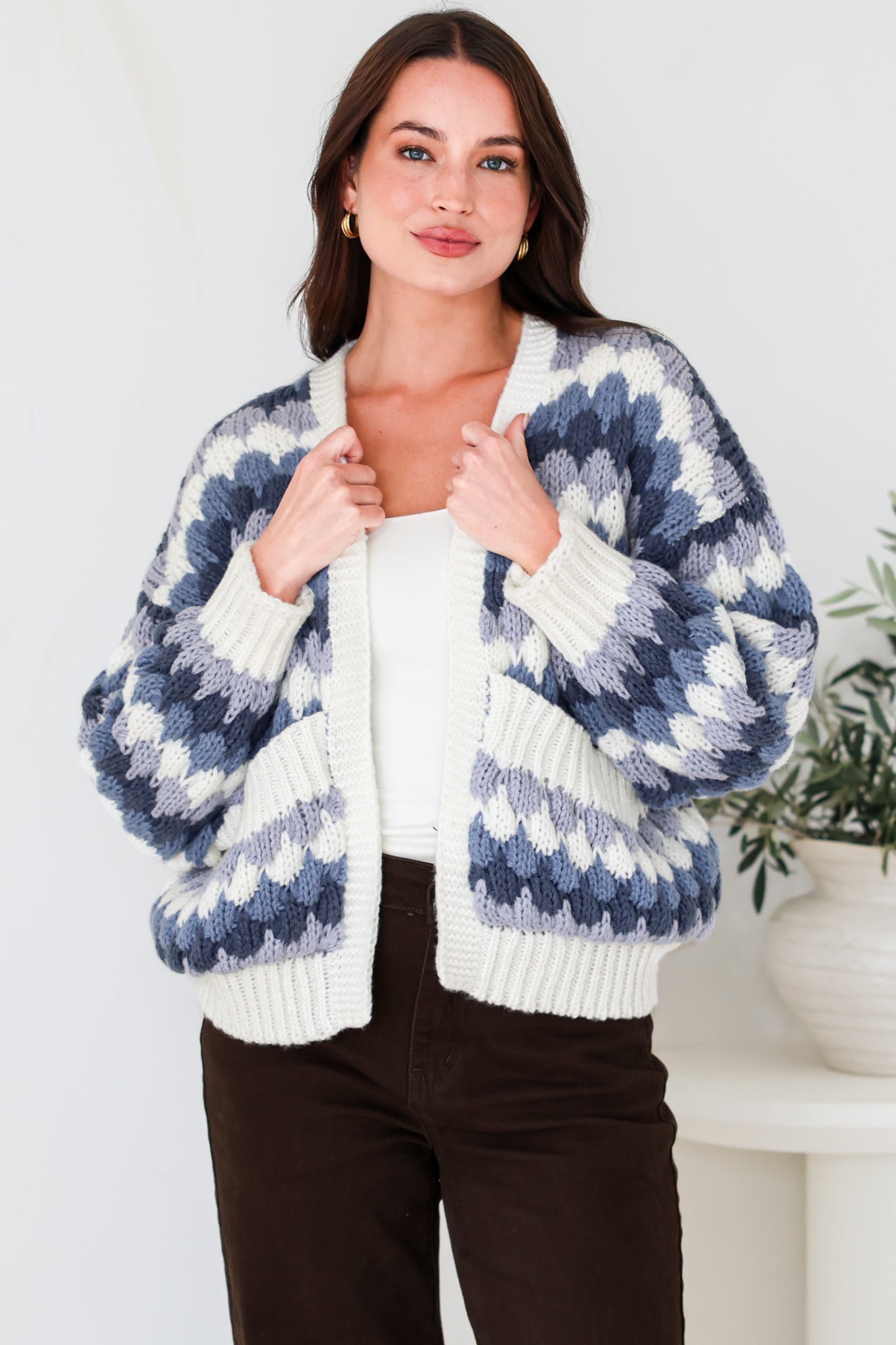 Gianni Cardigan - Open Bubble Knit with Pockets and Rib Knit Trims in Blue