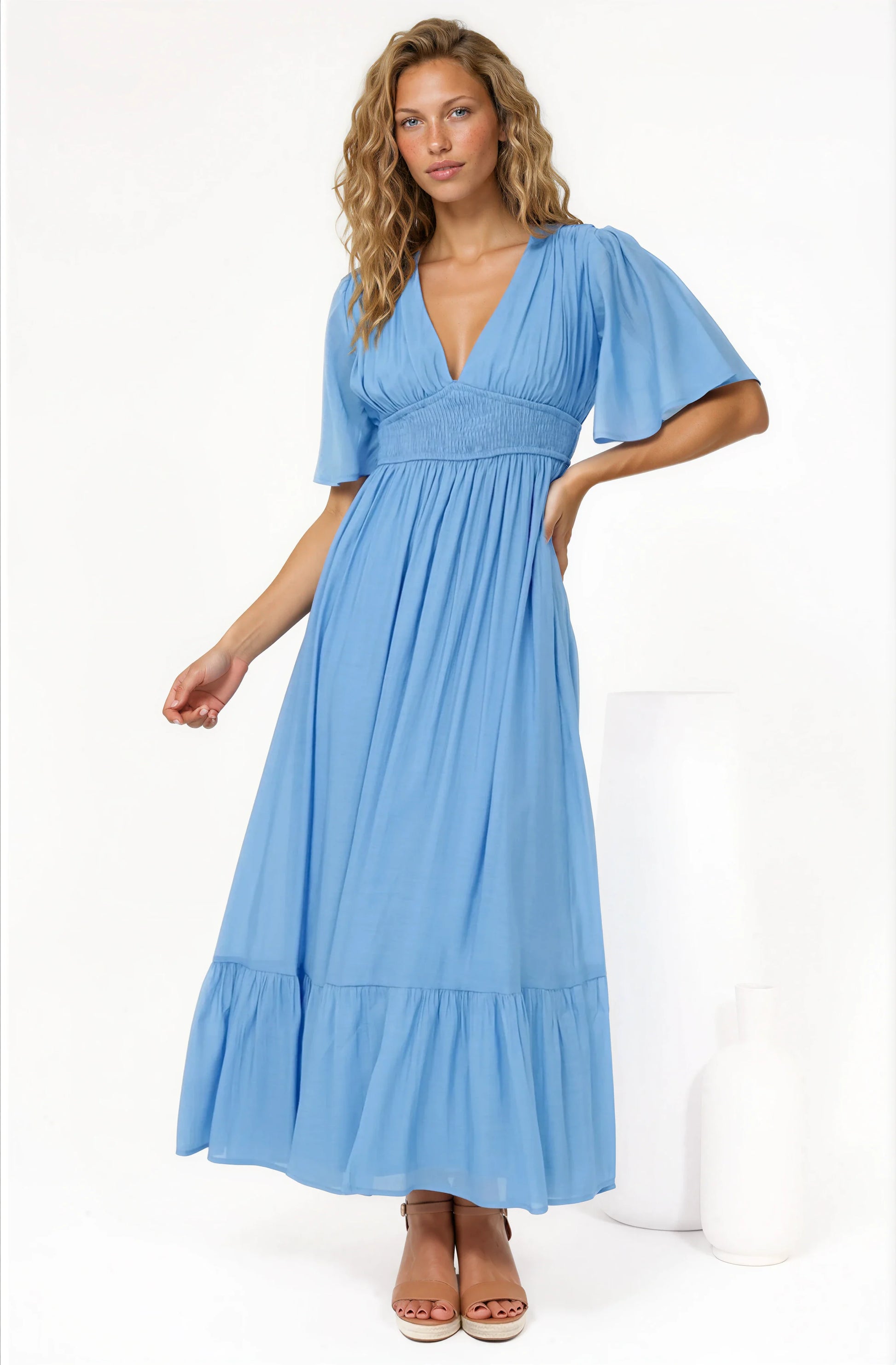 Glades Maxi Dress - V Neck Shirred Waist A Line Dress in Blue