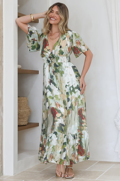 Glades Maxi Dress - V Neck Shirred Waist A Line Dress in Kamara Print Green