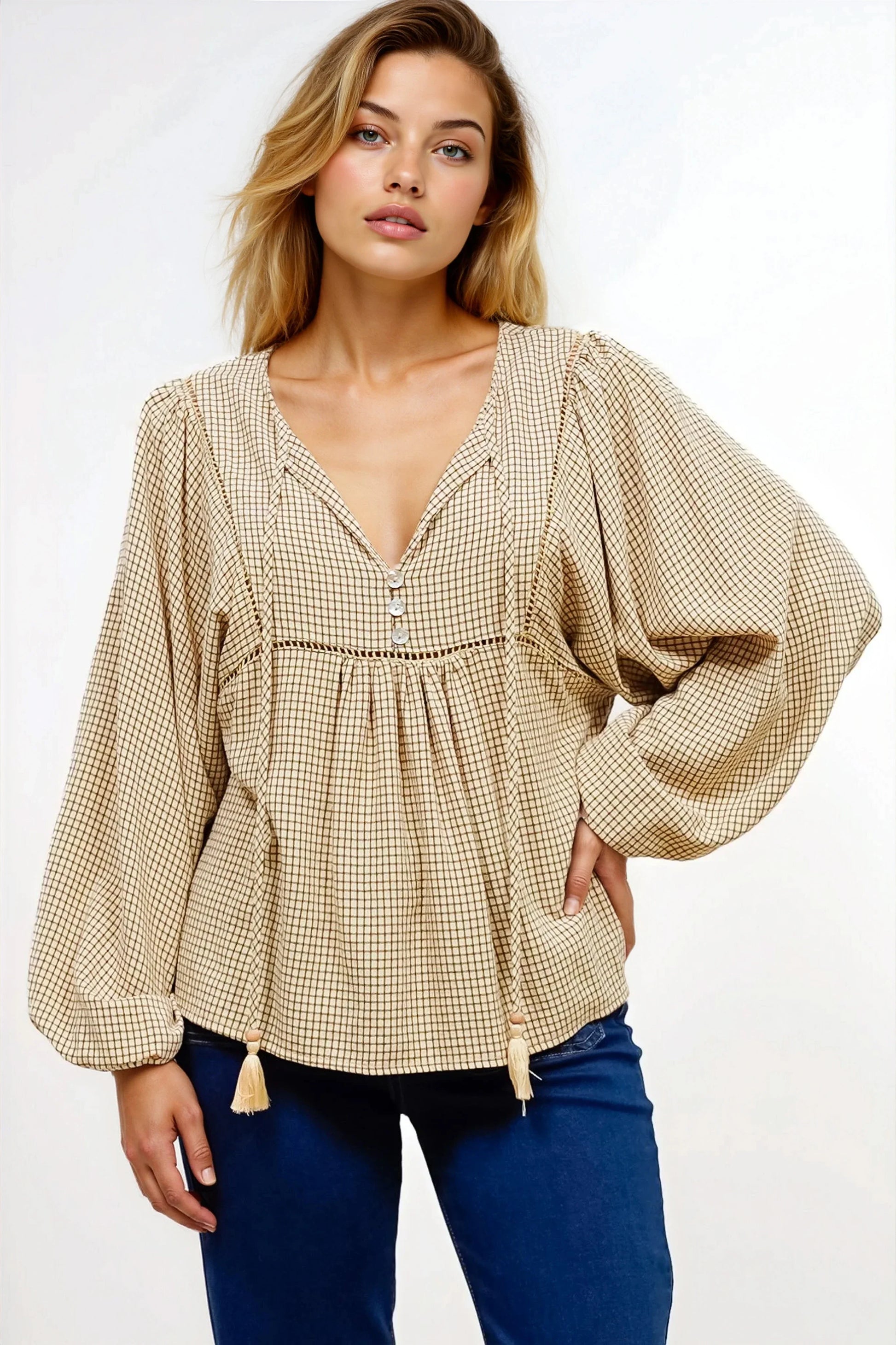 Graya Top - Gingham Ladder Lace Detailed Pull Over with Balloon Sleeves in Echo Print Beige