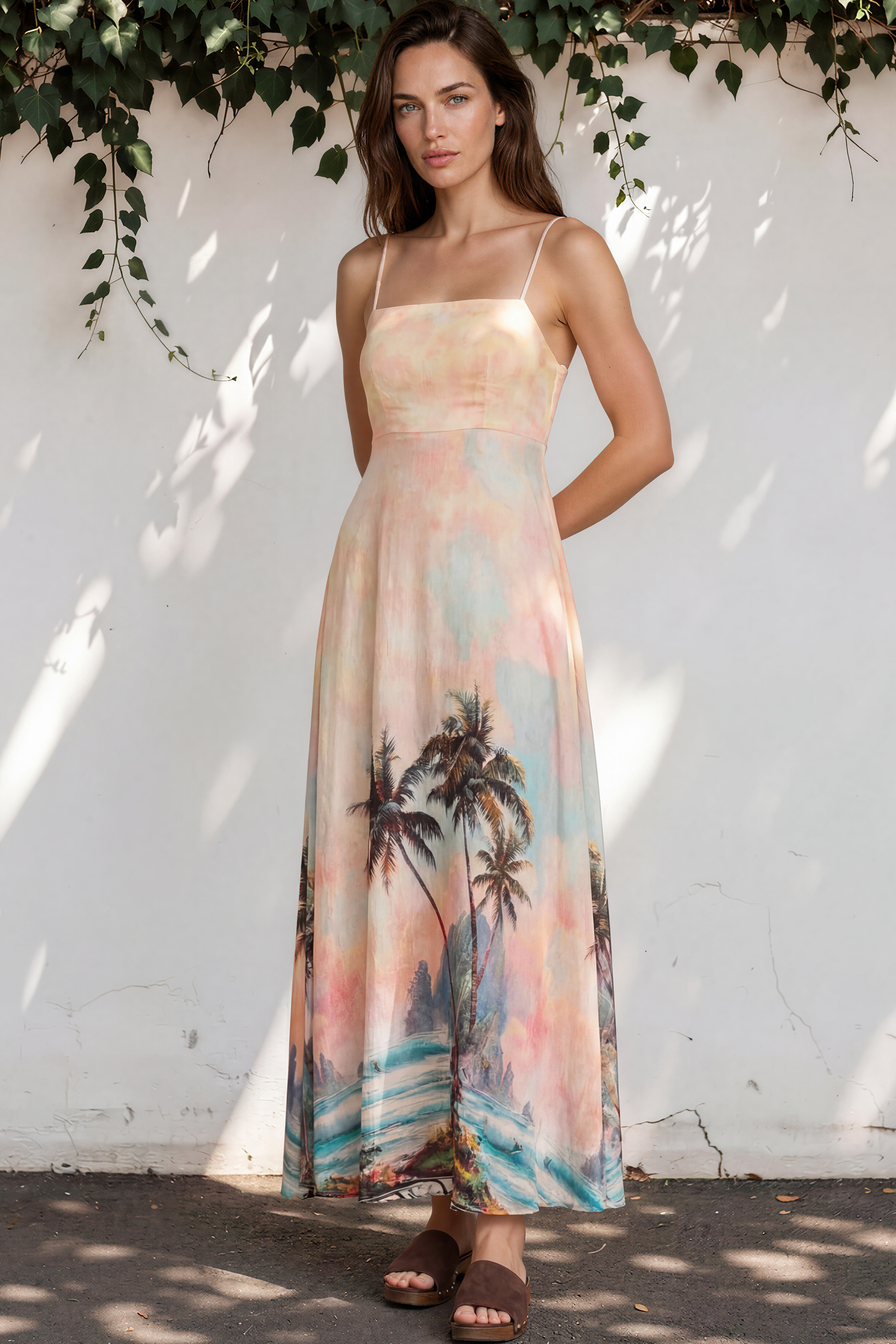 Gretal Maxi Dress - Sqaure Neck A-Line Dress with Adjustable Spaghetti Straps in Darya Print