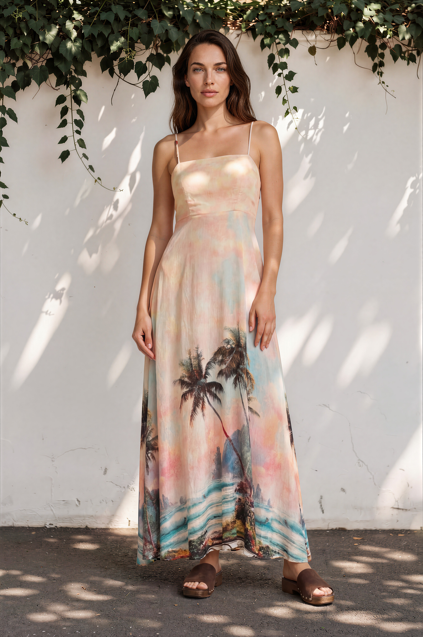 Gretal Maxi Dress - Sqaure Neck A-Line Dress with Adjustable Spaghetti Straps in Darya Print