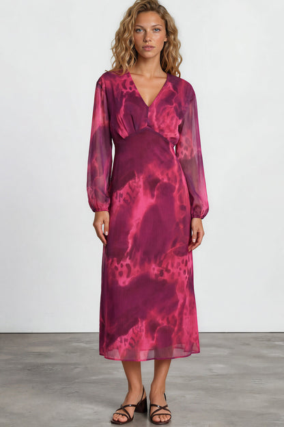 Hadassah Maxi Dress - V Neckline with Long Balloon Sleeves in Victorian Mauve Print