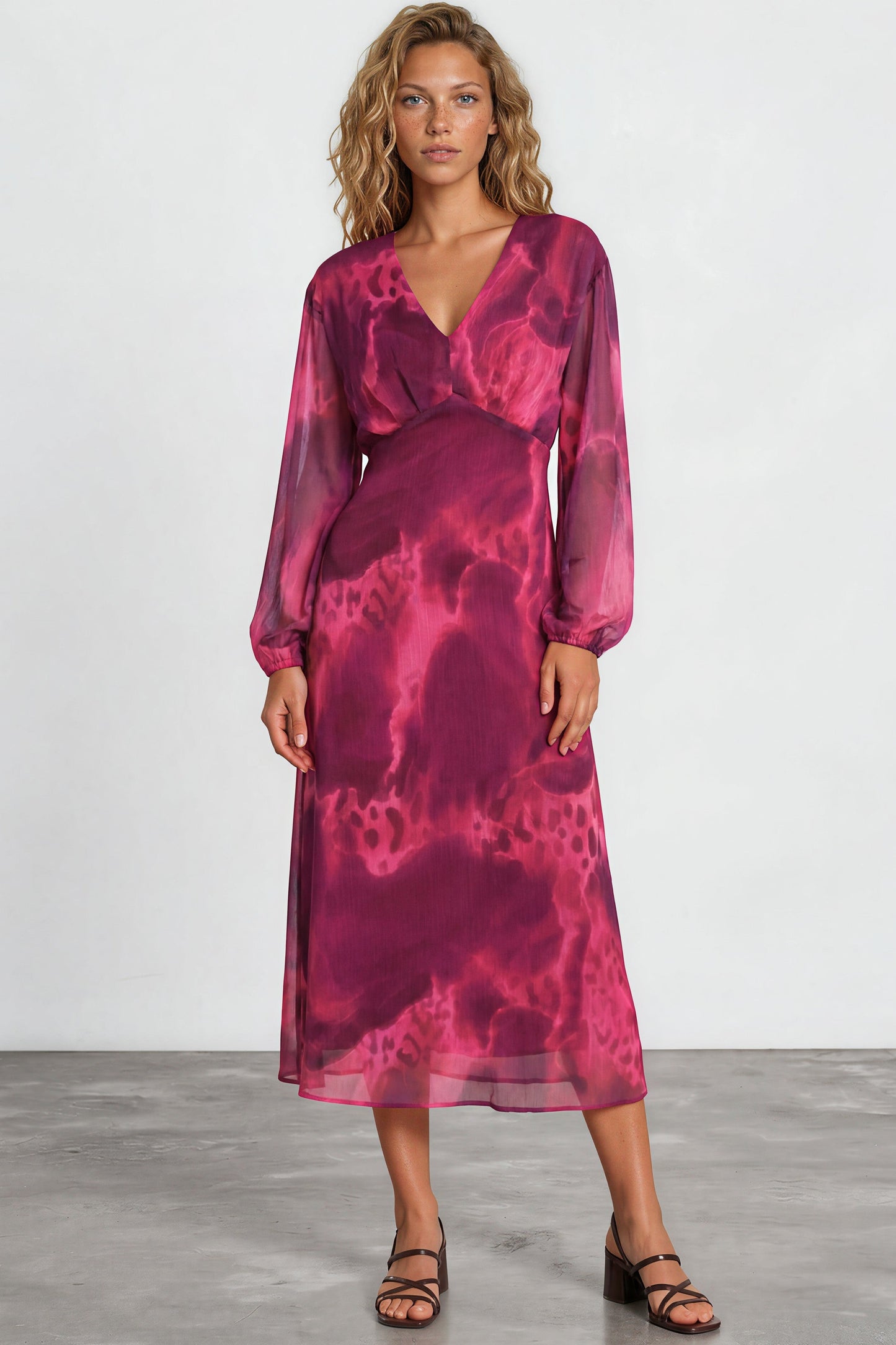 Hadassah Maxi Dress - V Neckline with Long Balloon Sleeves in Victorian Mauve Print