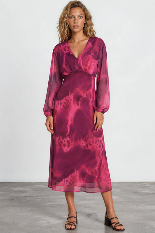 Hadassah Maxi Dress - V Neckline with Long Balloon Sleeves in Victorian Mauve Print