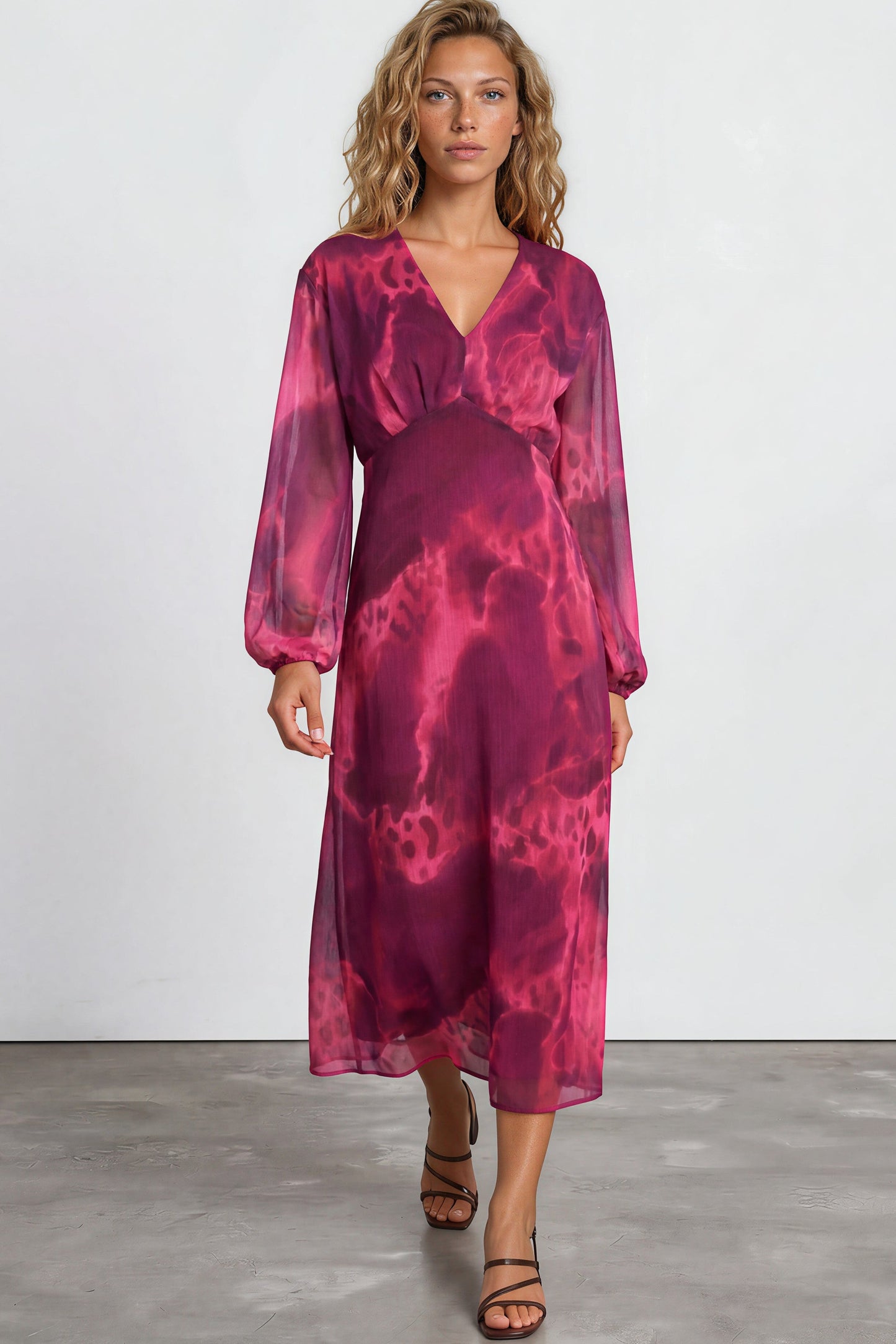 Hadassah Maxi Dress - V Neckline with Long Balloon Sleeves in Victorian Mauve Print