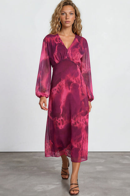Hadassah Maxi Dress - V Neckline with Long Balloon Sleeves in Victorian Mauve Print