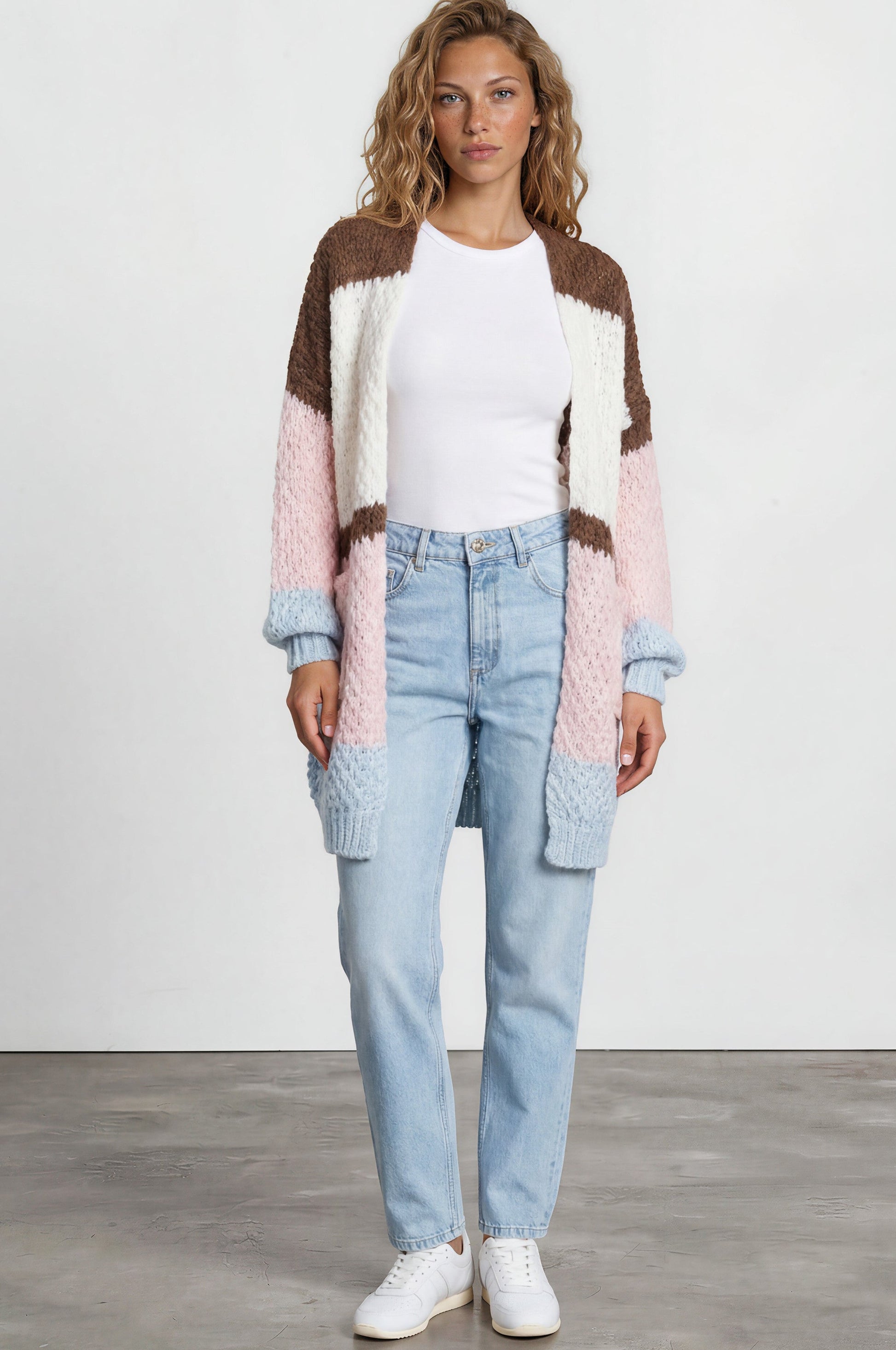 Hana Cardigan - Open Lattice Knit with Pockets and Balloon Sleeves in White/Coffee Multi