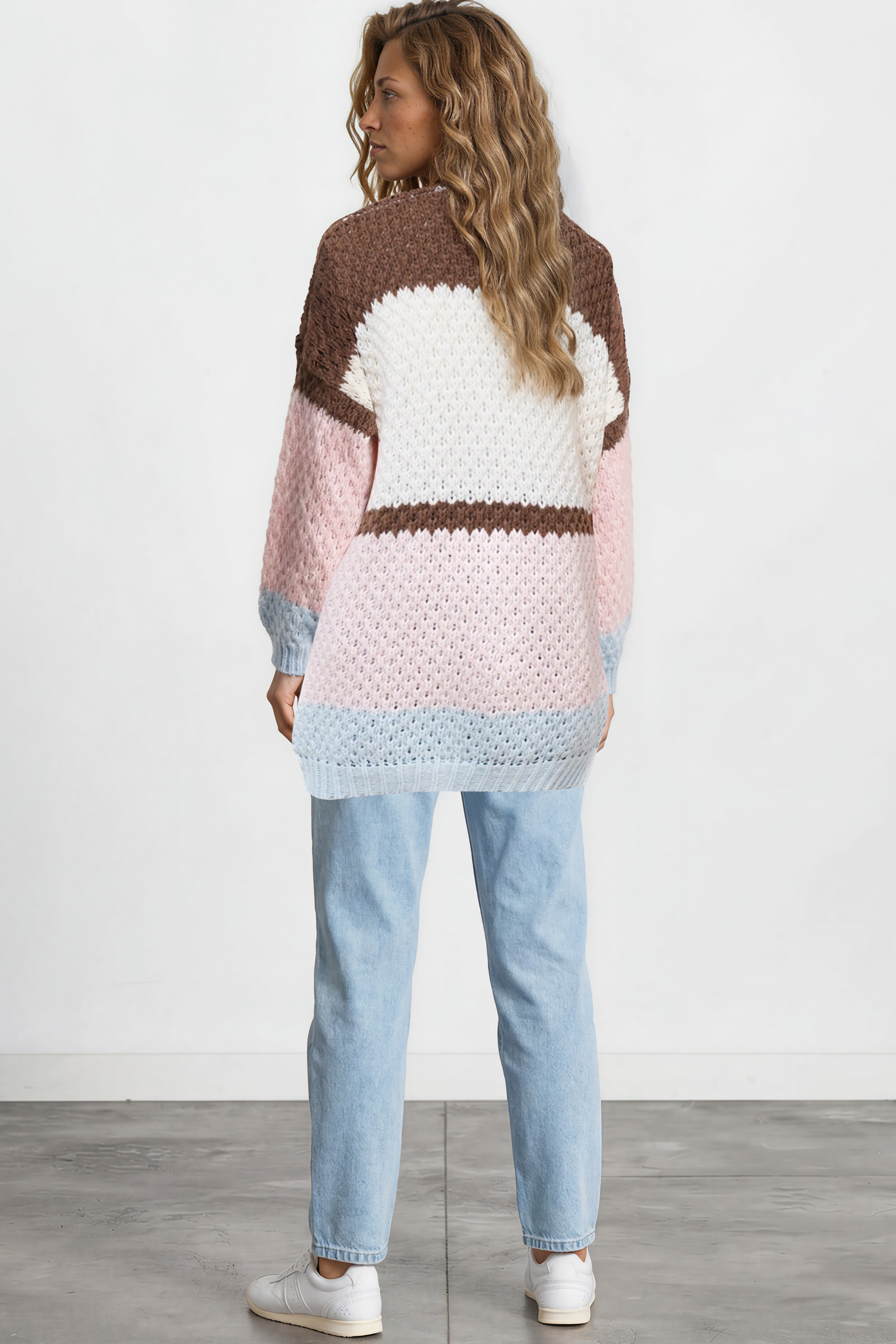 Hana Cardigan - Open Lattice Knit with Pockets and Balloon Sleeves in White/Coffee Multi