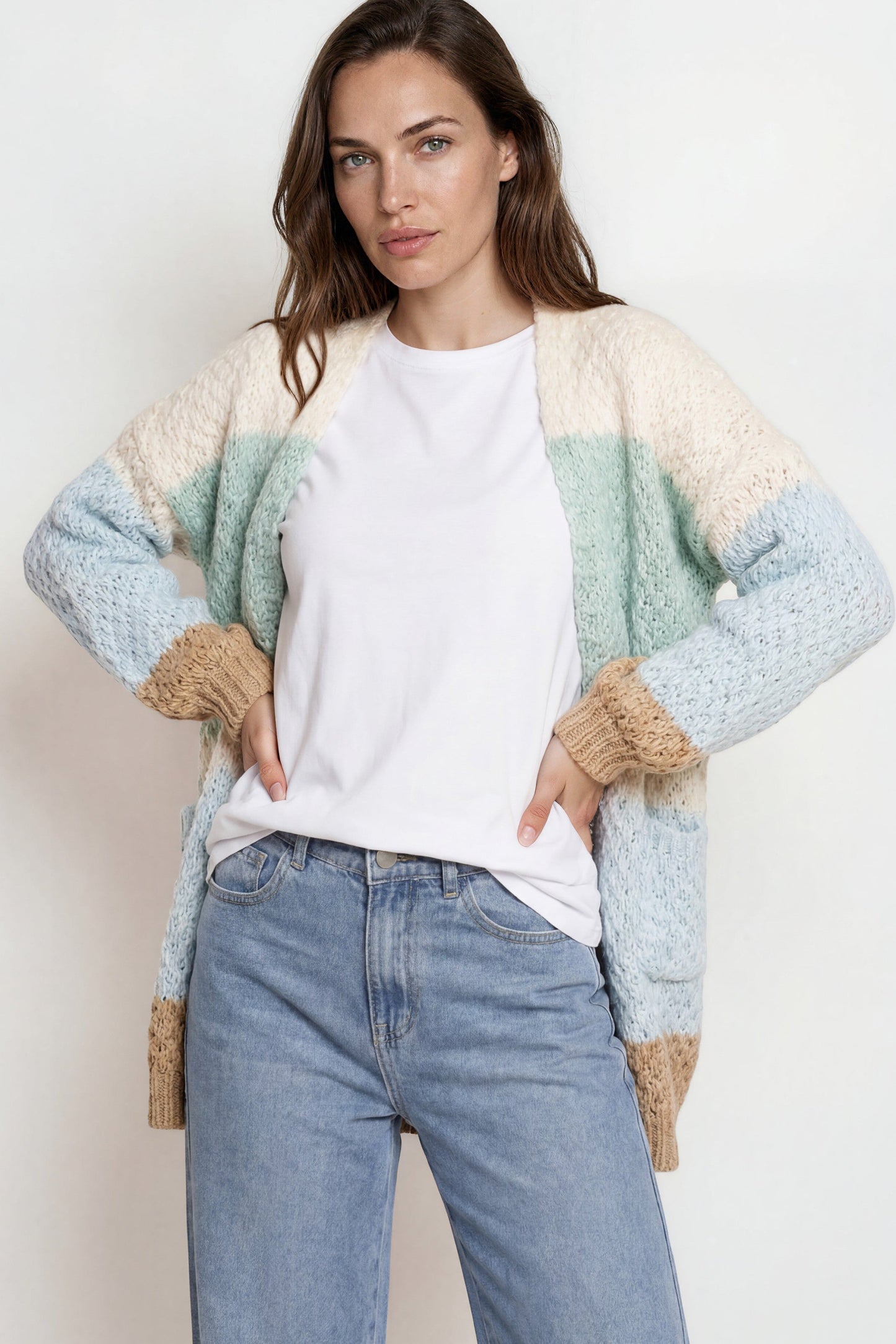 Hana Cardigan - Open Lattice Knit with Pockets and Balloon Sleeves in White/Green Multi