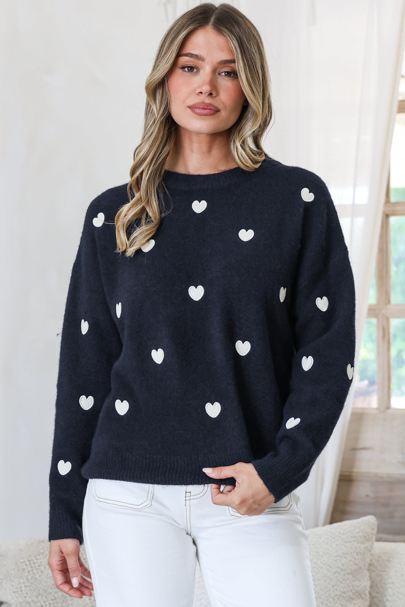 Hartley Jumper - Crew Neck Embroidered Heart Motif Knit in Navy