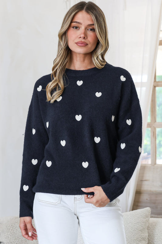 Hartley Jumper - Crew Neck Embroidered Heart Motif Knit in Navy