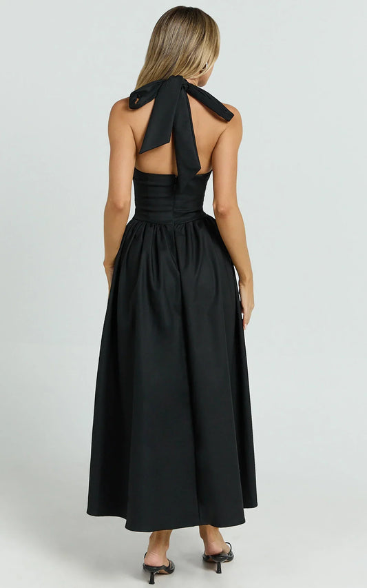 Helda Midi Dress Halter Tie Neck Corset Panel Dress in Black