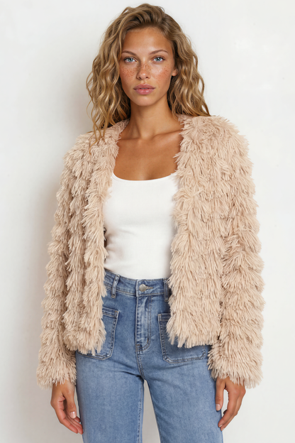 Hilton Jacket - Faux Fur Open Front Jacket in Beige