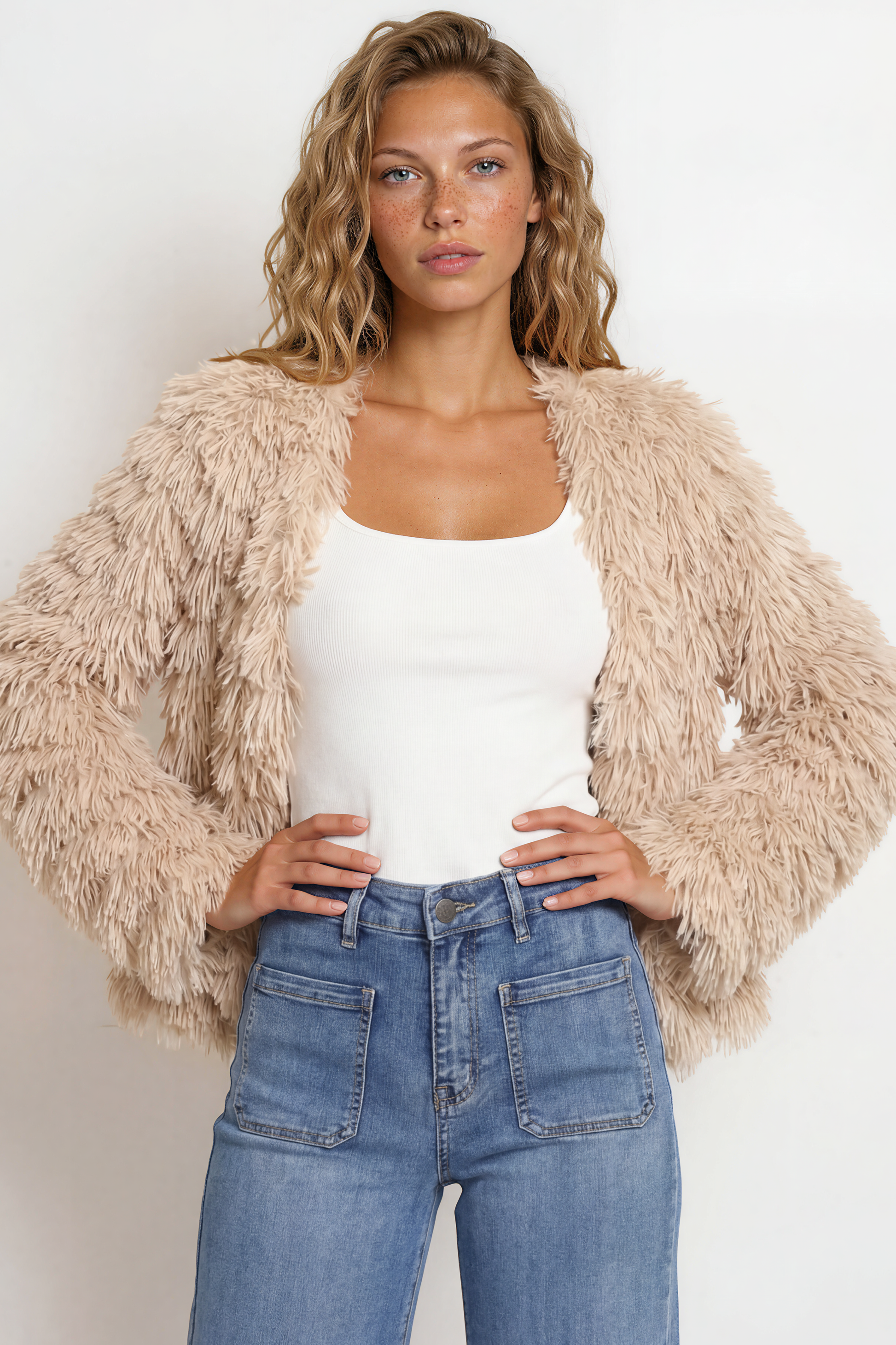 Hilton Jacket - Faux Fur Open Front Jacket in Beige