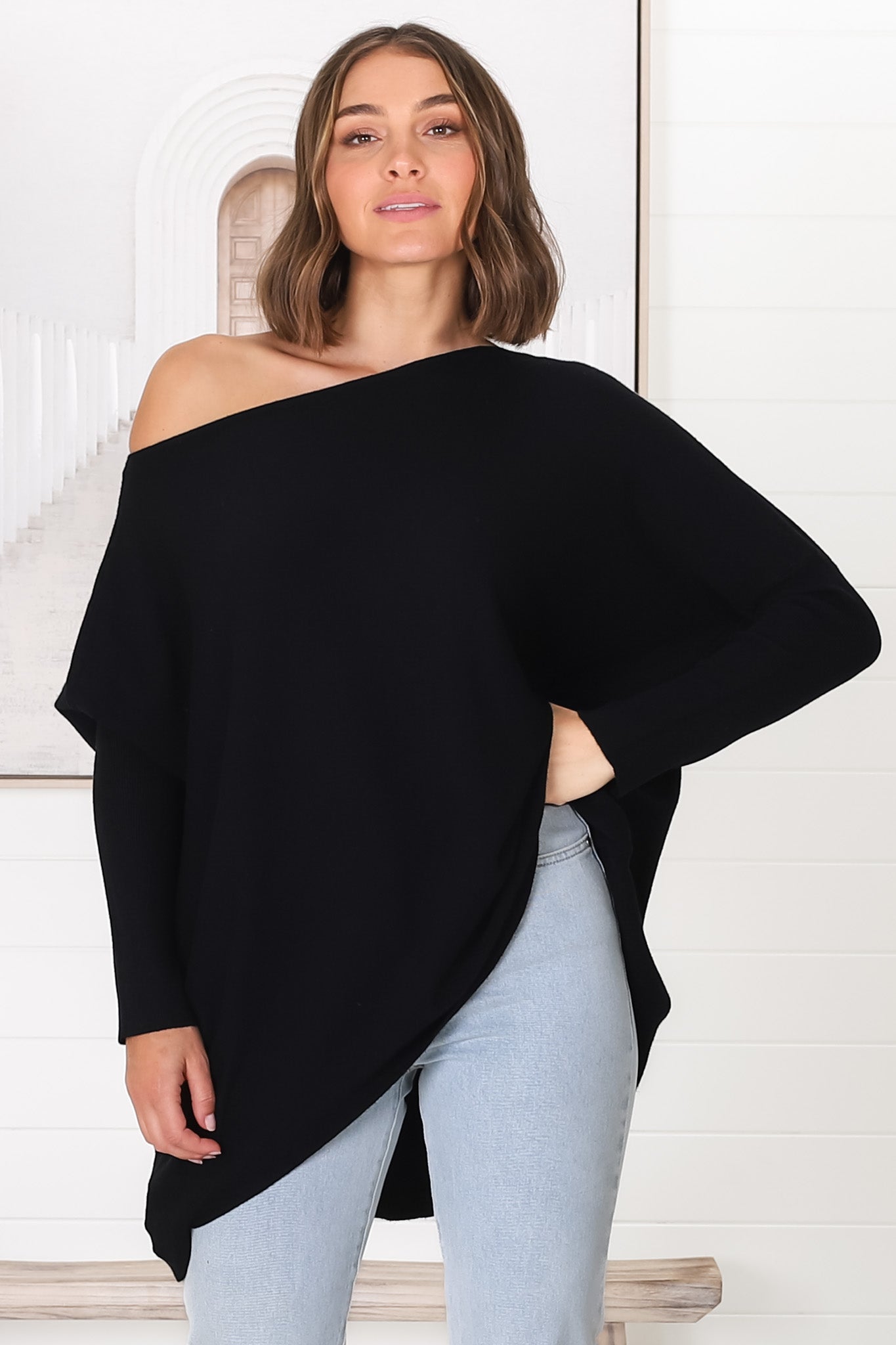 Belinda Knit Top - Boat Neckline Boxy Batwing Top in Black