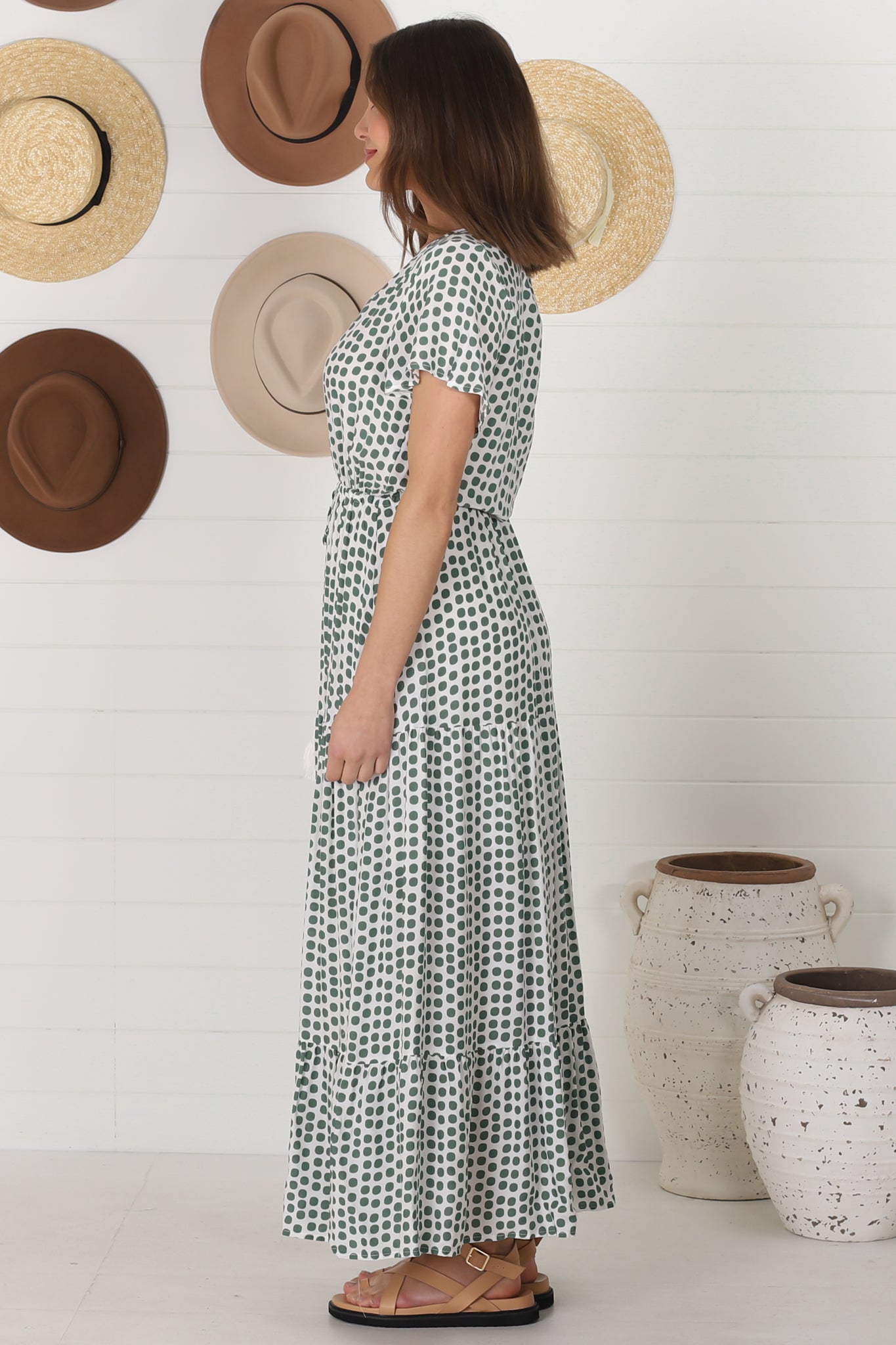 Derla Maxi Dress - V Neck Cap Sleeve Pull Tie Waist A Line Dress in Maryanne Print Green
