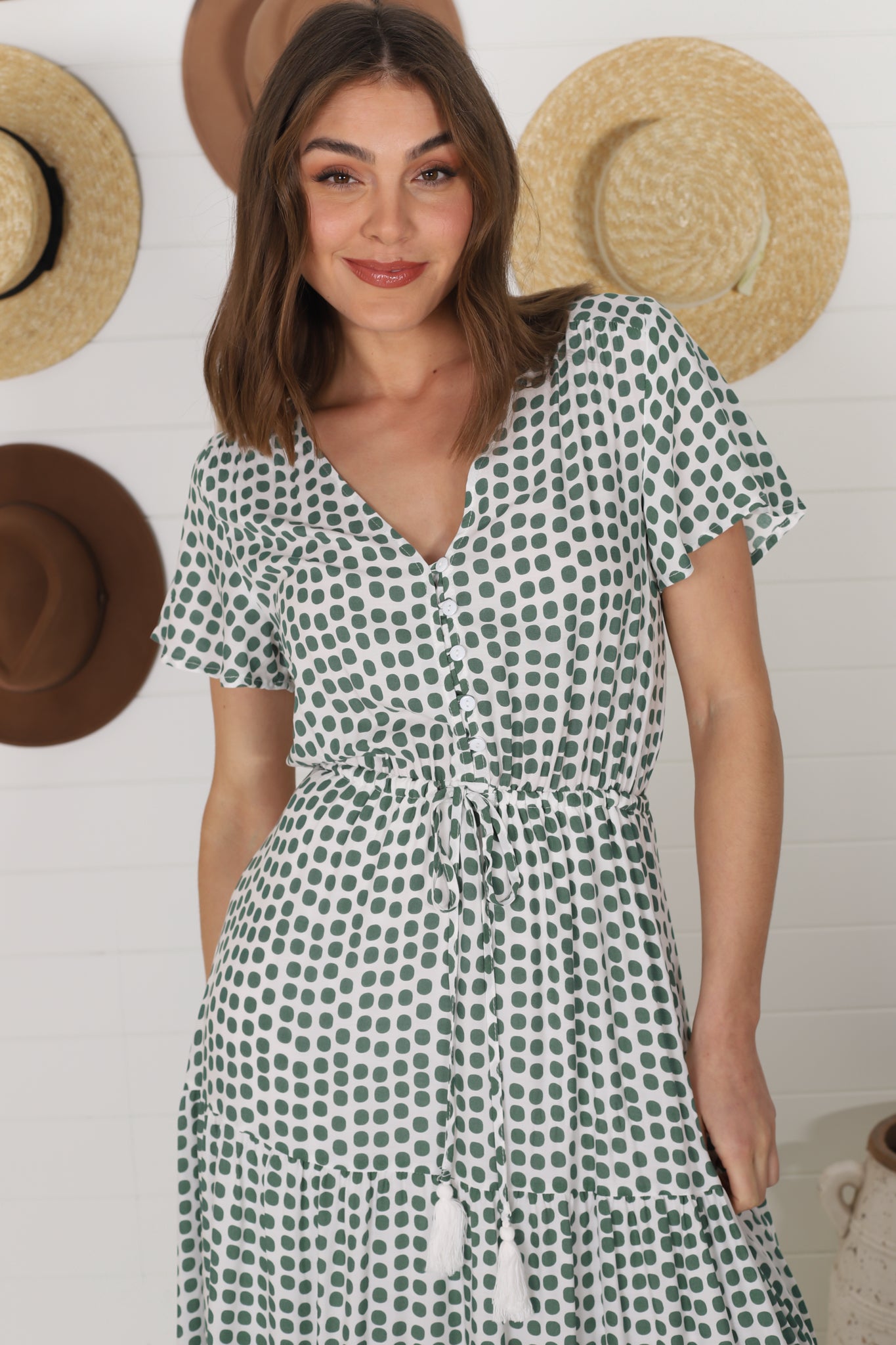 Derla Maxi Dress - V Neck Cap Sleeve Pull Tie Waist A Line Dress in Maryanne Print Green