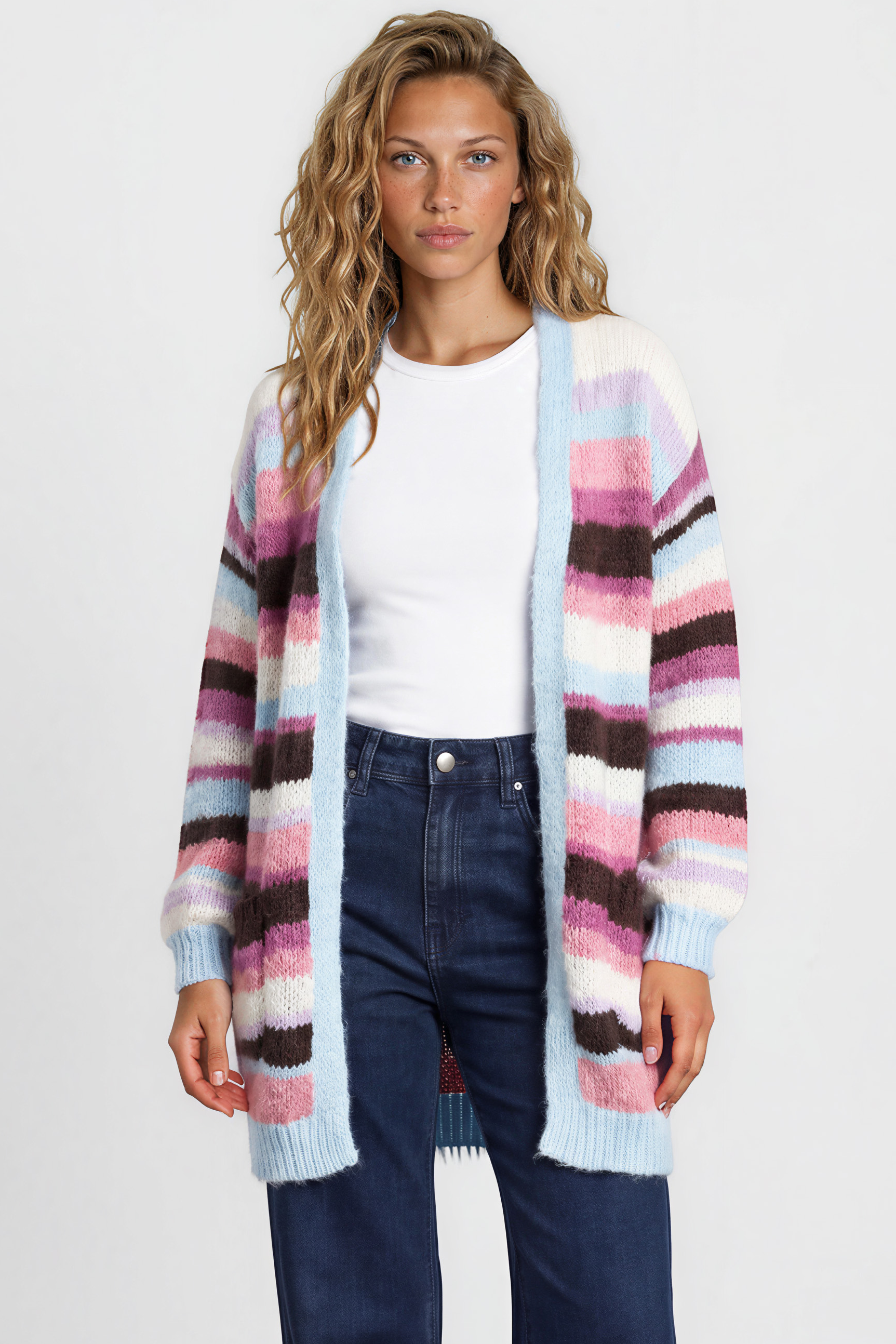 Iggy Cardigan - Open Front Stripe Knit with Pockets in Blue/Purple