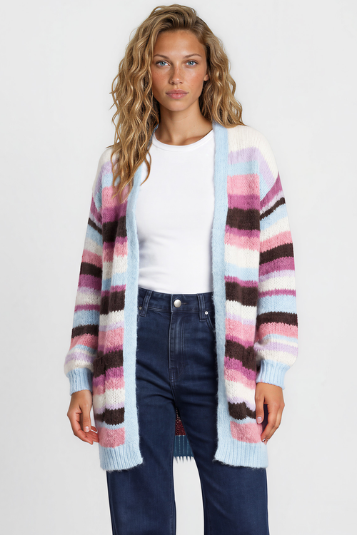 Iggy Cardigan - Open Front Stripe Knit with Pockets in Blue/Purple