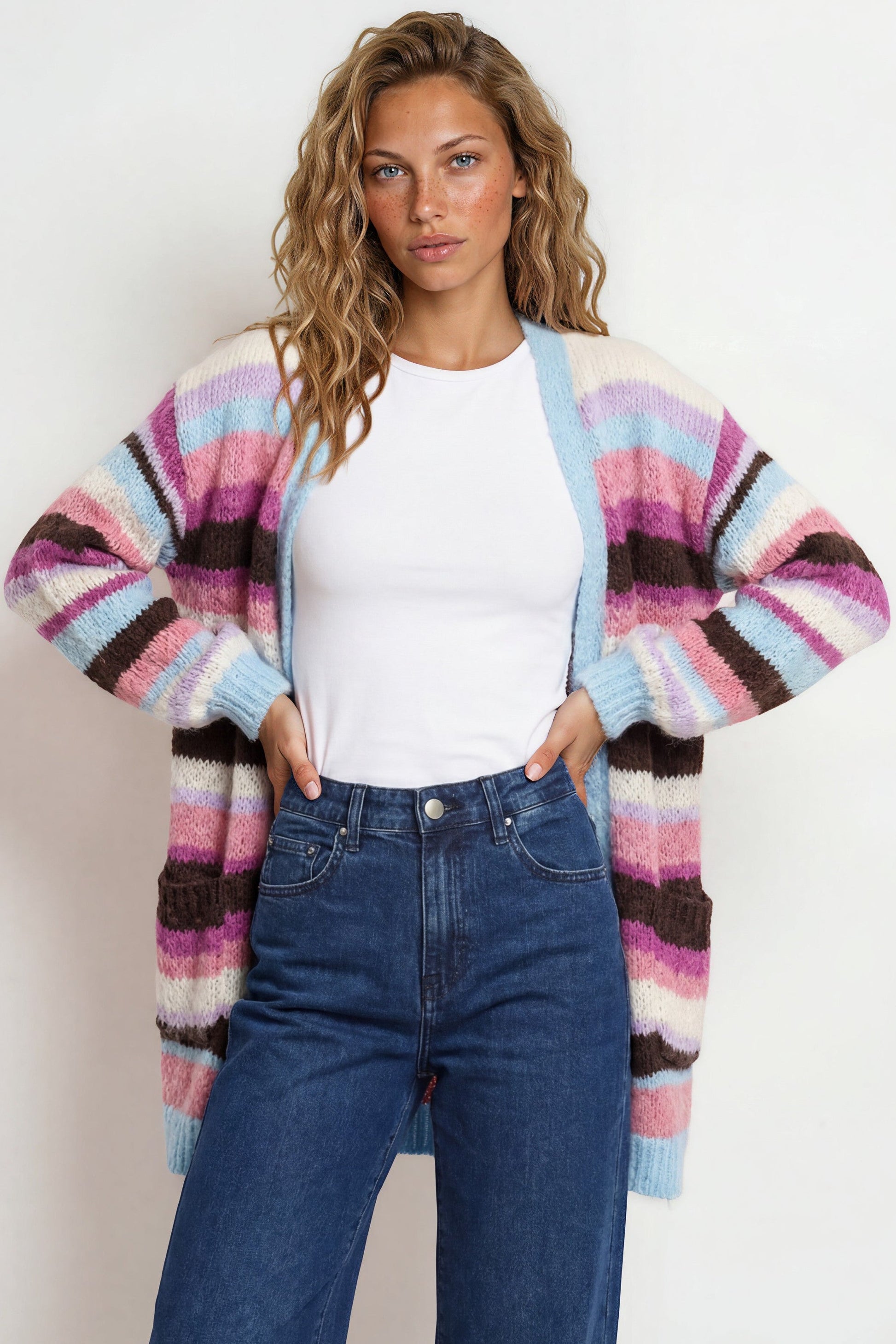 Iggy Cardigan - Open Front Stripe Knit with Pockets in Blue/Purple