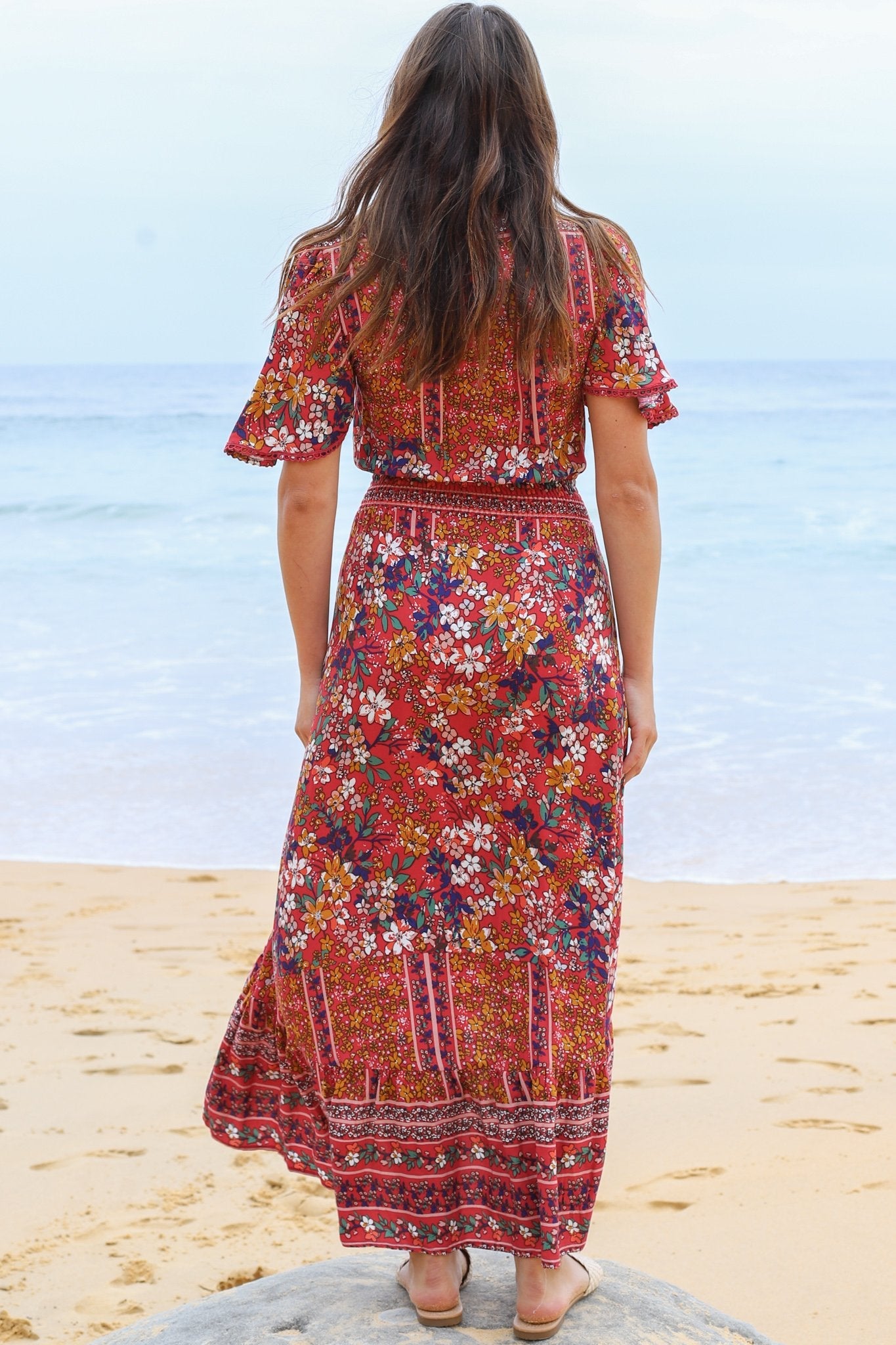 London Maxi Dress - Elasticated Waist Button Detail High Low Dress with Flutter Cap Sleeves in Floral Print