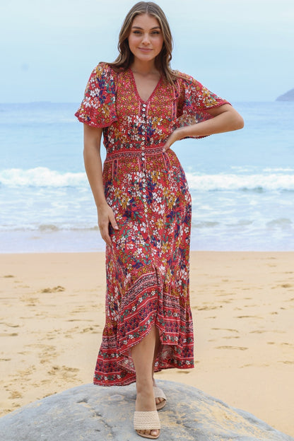 London Maxi Dress - Elasticated Waist Button Detail High Low Dress with Flutter Cap Sleeves in Floral Print
