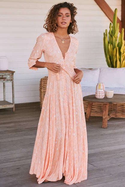JAASE - Indiana Maxi Dress: Lace Back Shirred Waist A Line Dress with Handkerchief Hemline in Peach Island Print