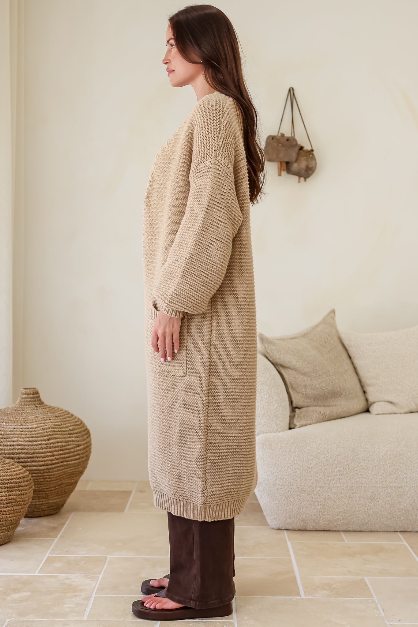 Jacky Cardigan - Ribbed Longline Knit with Balloon Sleeves and Pockets in Beige