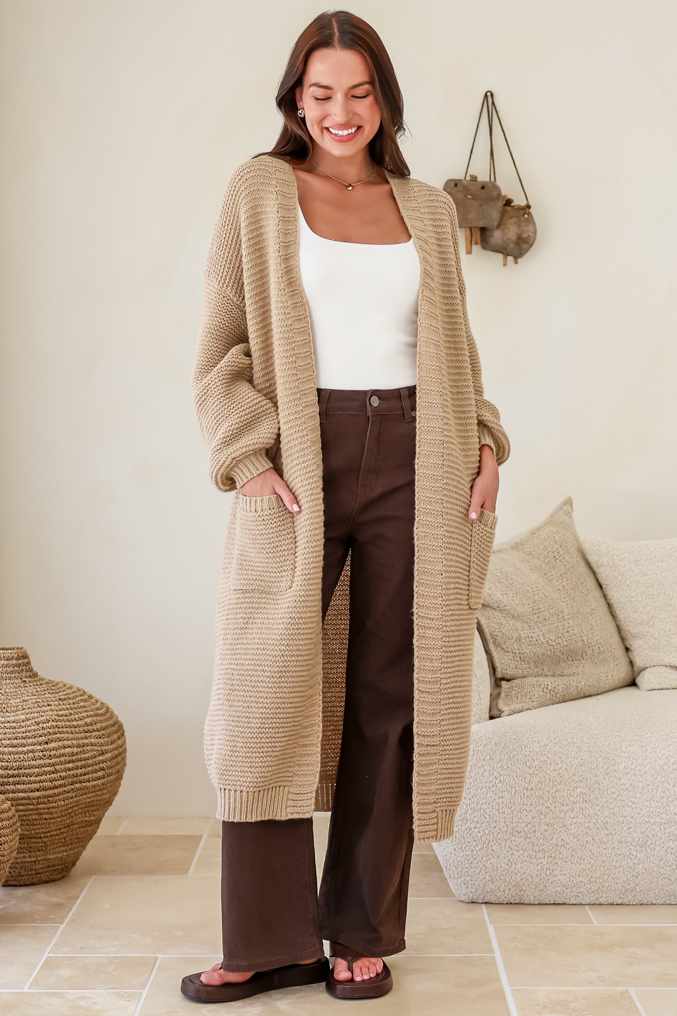 Jacky Cardigan - Ribbed Longline Knit with Balloon Sleeves and Pockets in Beige