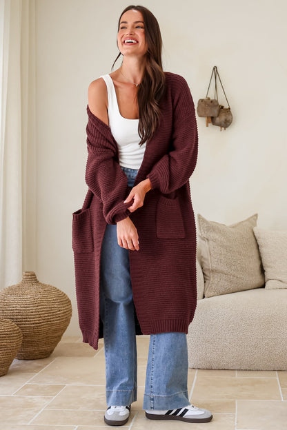Jacky Cardigan - Ribbed Longline Knit with Balloon Sleeves and Pockets in Wine