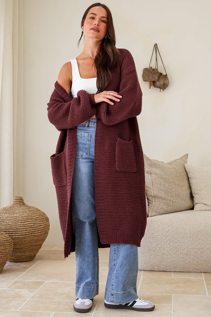 Jacky Cardigan - Ribbed Longline Knit with Balloon Sleeves and Pockets in Wine