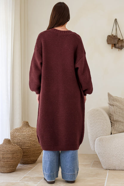 Jacky Cardigan - Ribbed Longline Knit with Balloon Sleeves and Pockets in Wine