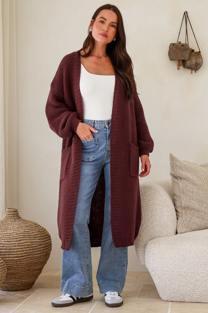 Jacky Cardigan - Ribbed Longline Knit with Balloon Sleeves and Pockets in Wine
