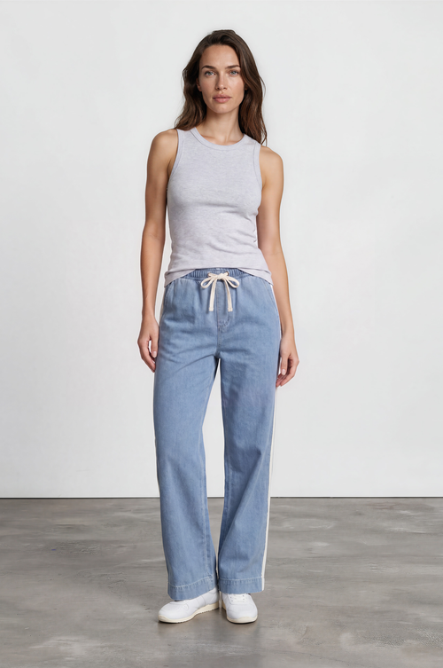 Jakoda Jeans - Elasticated High Waisted Denim Pants with Contrast Stripe in Light Denim
