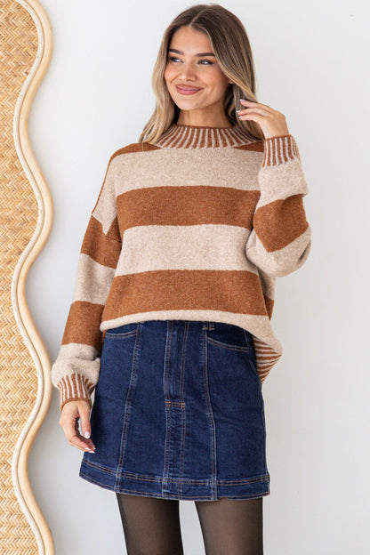 Janie Jumper - Mock Neck Striped Jumper with Contrast Stripe Hemlines in Mocha