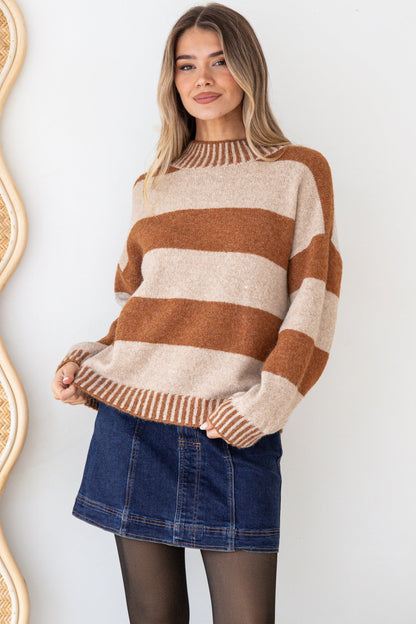Janie Jumper - Mock Neck Striped Jumper with Contrast Stripe Hemlines in Mocha