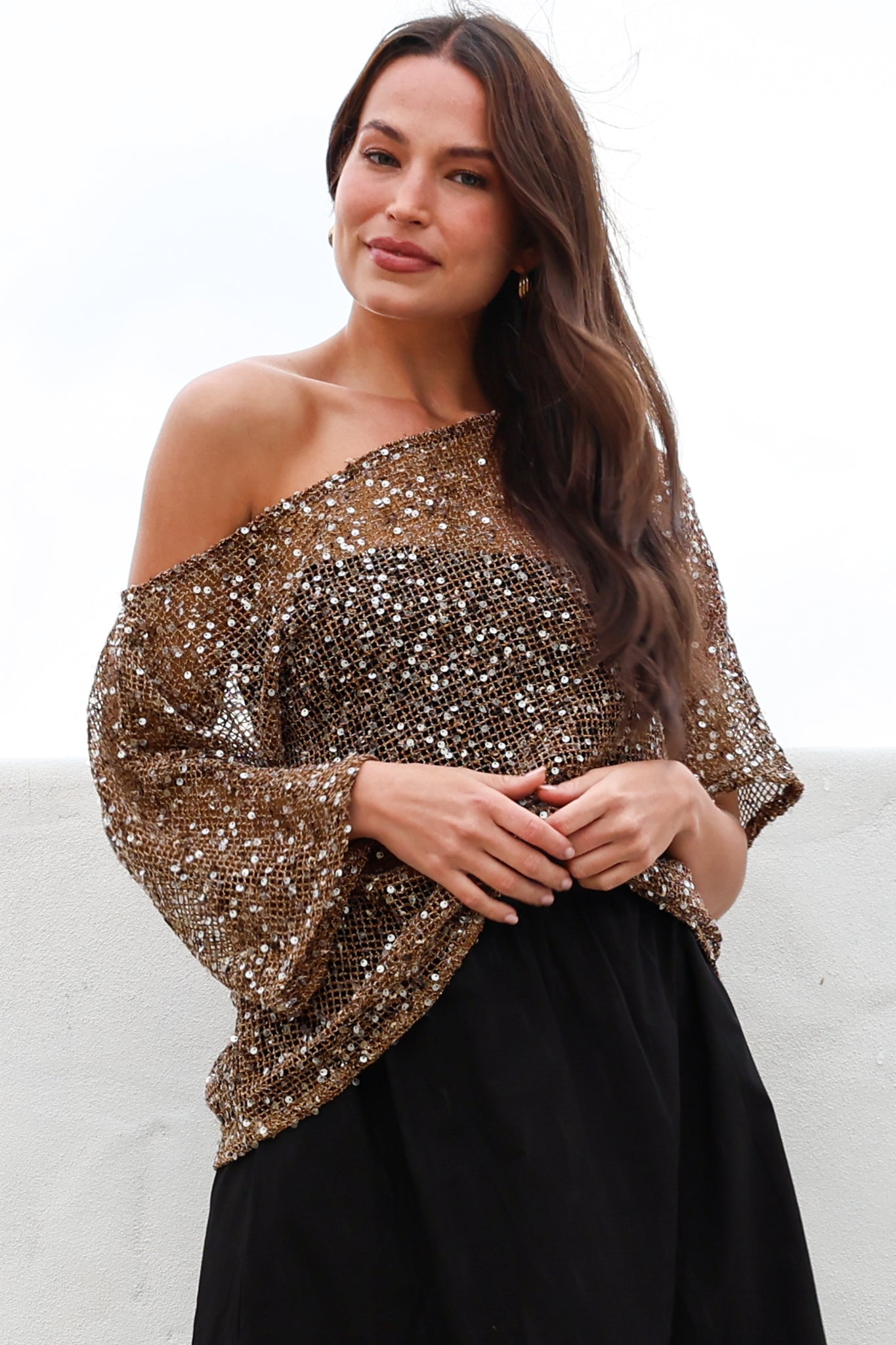 Janina Top - Off Shoulder Asymmetric Relaxed Sequin Mesh Top in Mocha